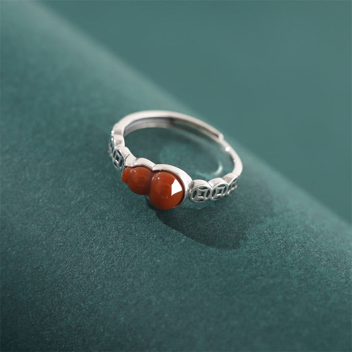 Anello di autoaccettazione con moneta di rame e zucca in argento sterling 925 con pietre Buddha Stones e agata rossa