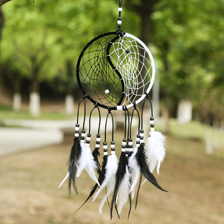 Acchiappasogni Yin Yang Rete circolare con piume Decorazione di equilibrio