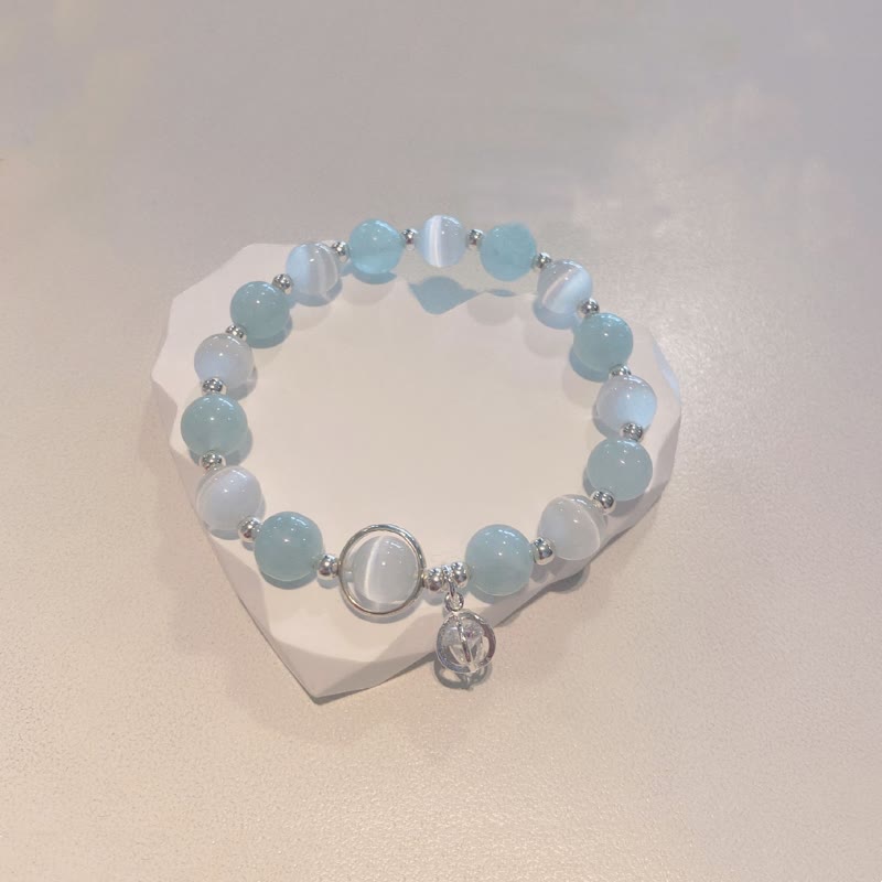 Braccialetto con ciondolo di supporto in argento sterling 925 con occhio di gatto e acquamarina Buddha Stones