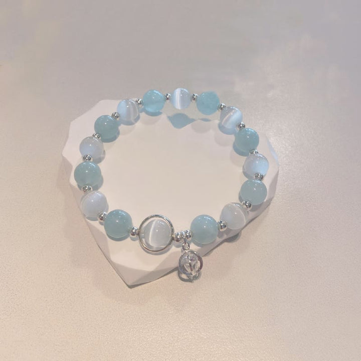 Braccialetto con ciondolo di supporto in argento sterling 925 con occhio di gatto e acquamarina Buddha Stones