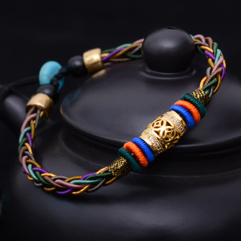 Braccialetto di corda intrecciata con moneta di rame con nodo a otto fili fatto a mano in pietre Buddha Stones tibetano - Moneta di rame (circonferenza del polso 15-18 cm) - image 0