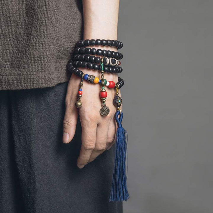 Buddha Stones 108 Perline Mala Legno di Ebano Dzi Perline Rame Braccialetto con Nappa - image 3