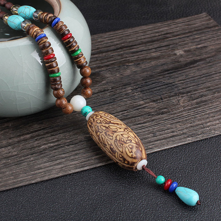 Buddha Stones Tibetano Legno Wenge Bodhi Seme Agata Equilibrio Pace Collana Pendente