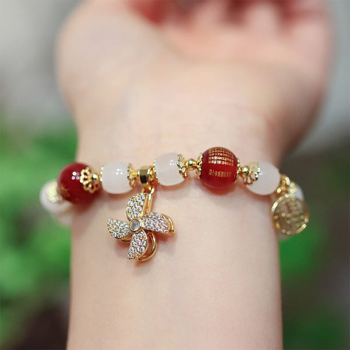 Braccialetto di benedizione con ciondolo a forma di lucchetto cinese con mulino a vento Buddha Stones Fu Character