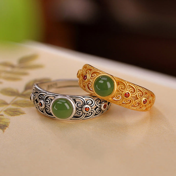 Anello regolabile in argento sterling 925 Buddha Stones e giada ciano Hetian Harmony