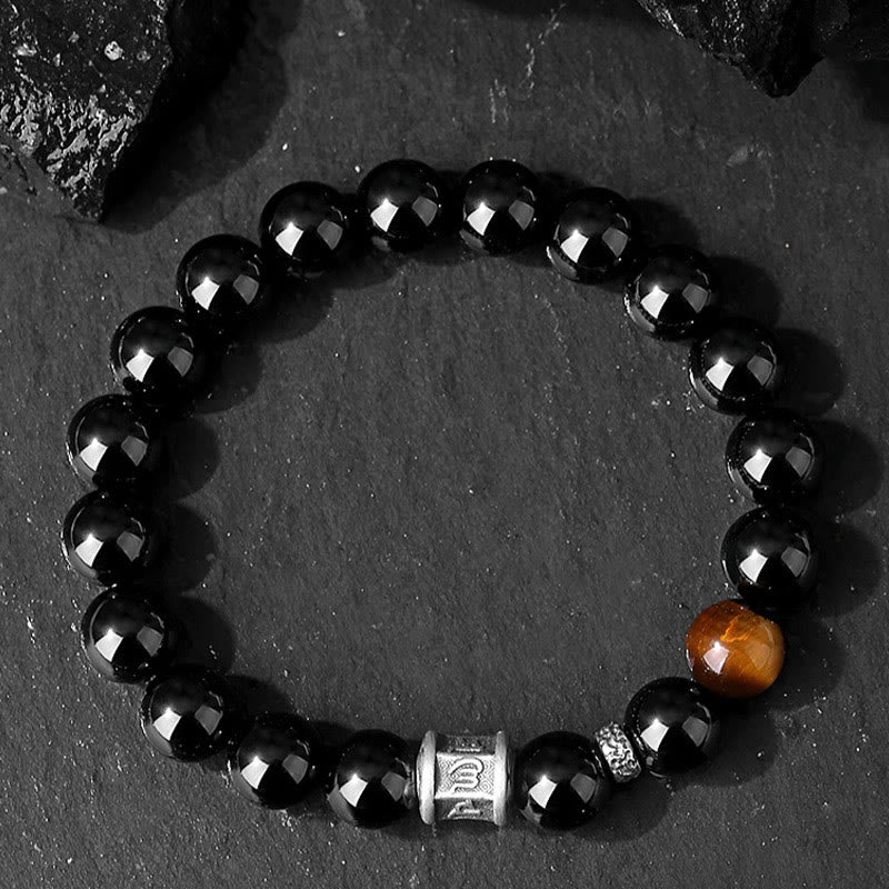 Bracciale Buddha Stones 999 Sterling Silver Ossidiana Nera Occhio di Tigre Om Mani Padme Hum Fulfillment - image 1