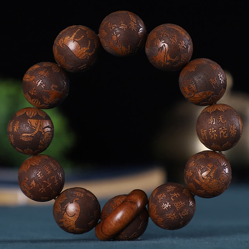 Buddha Stones Zodiaco cinese Palissandro Sandalo verde Legno di ebano Moneta di rame Braccialetto intagliato Calma
