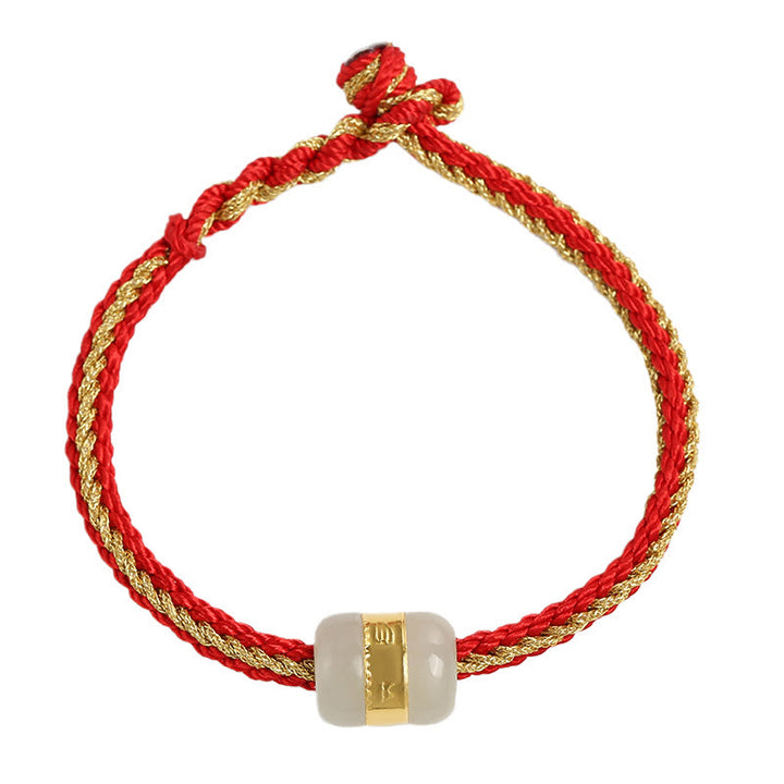 Bracciale intrecciato con carattere Om Mani Padme Hum Fu in giada bianca Hetian con Buddha Stones in oro 999