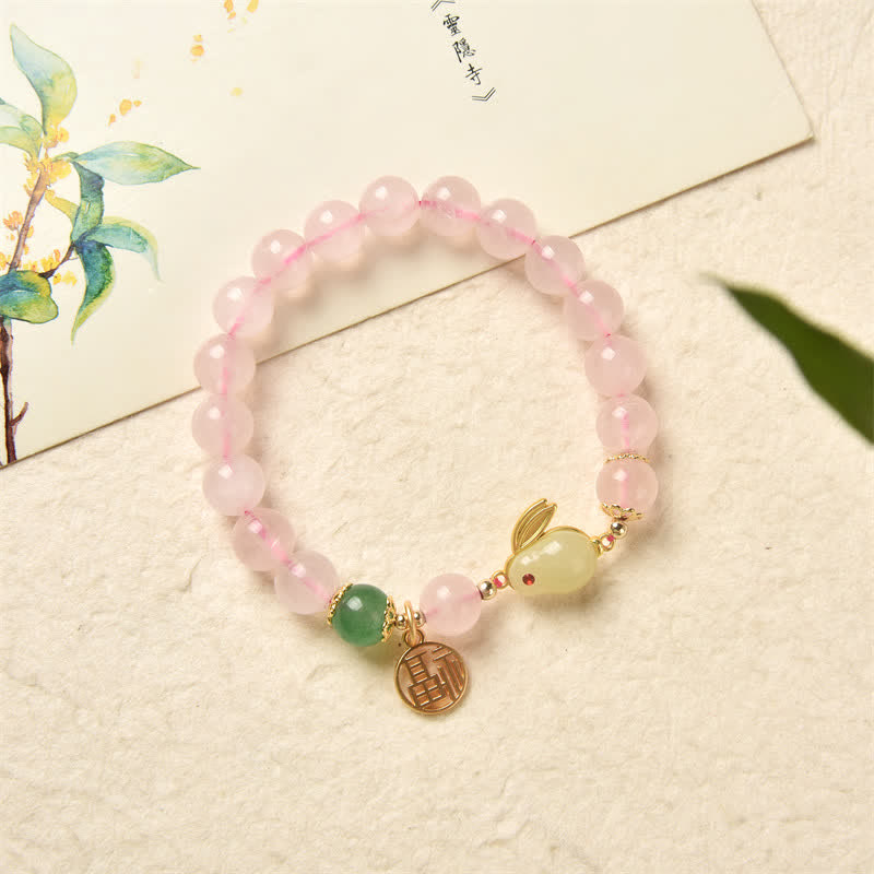 Braccialetto di felicità dell'amore del coniglietto di agata verde di cristallo rosa naturale dell'anno del coniglio