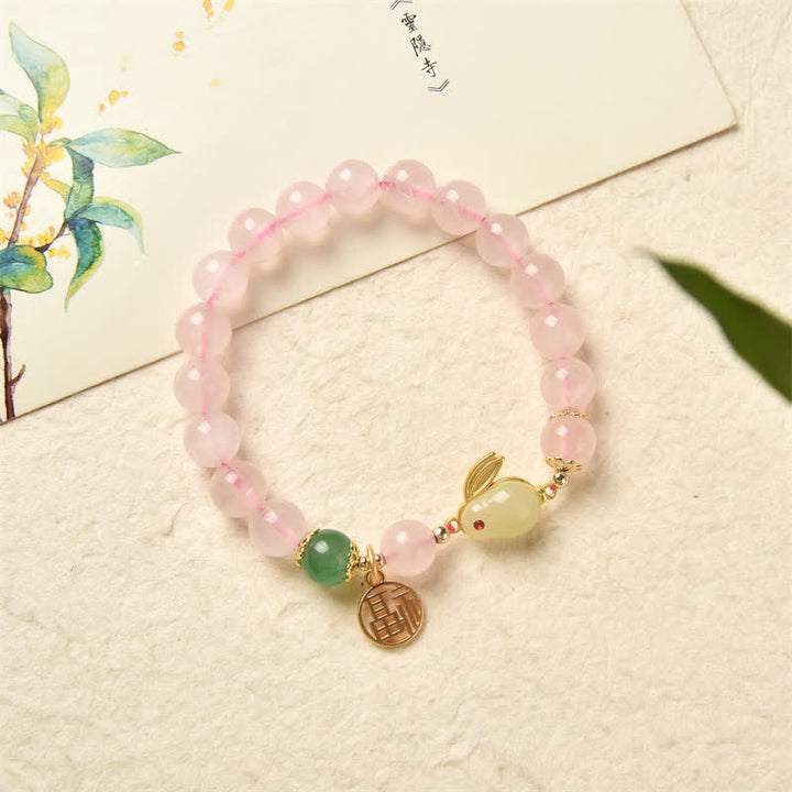 Braccialetto di felicità dell'amore del coniglietto di agata verde di cristallo rosa naturale dell'anno del coniglio