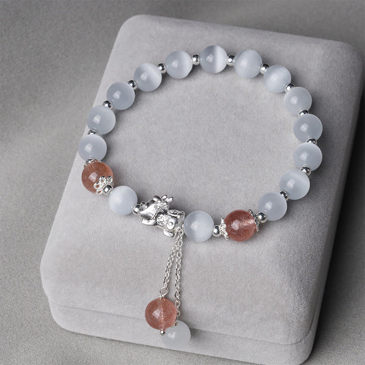 Braccialetto di supporto PiXiu in quarzo fragola con pietra lunare naturale occhio di gatto Buddha Stones