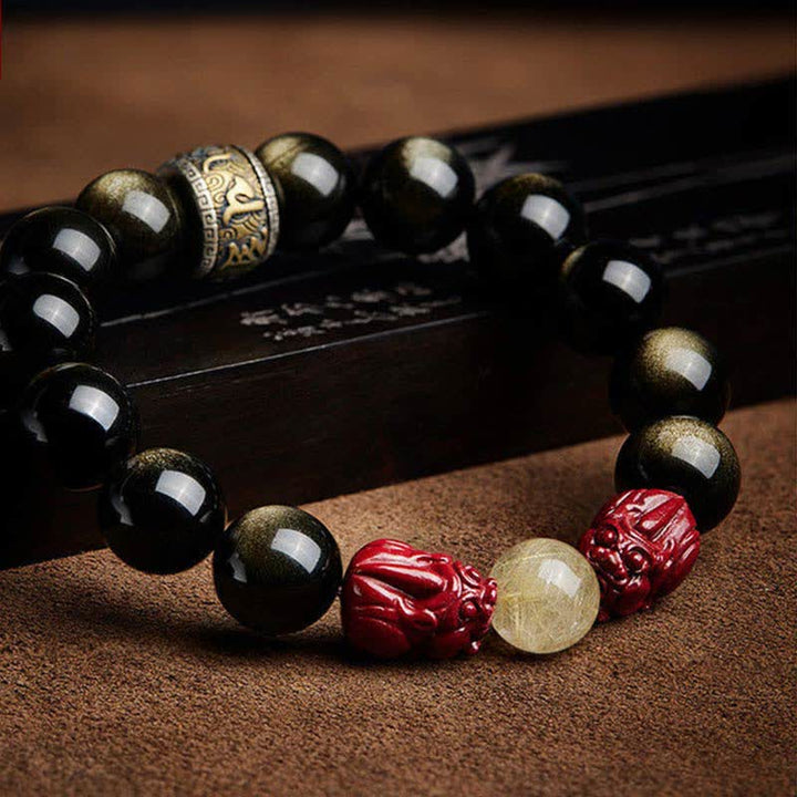 Braccialetto di protezione Om Mani Padme Hum in ossidiana lucida dorata Buddha Stones PiXiu Cinnabar