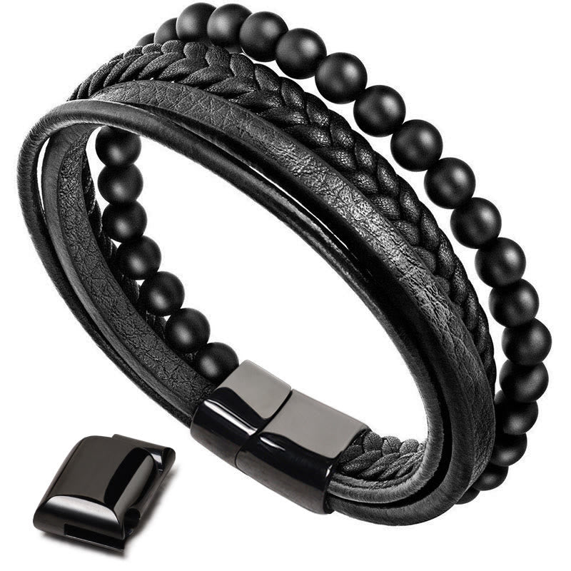 Bracciale in pelle con perline di onice nero e roccia lavica naturale Buddha Stones