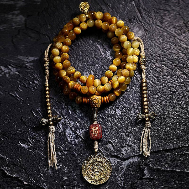 Buddha Stones 108 Mala Beads Natural Tiger Eye Rame Dorje Protezione Nappa Bracciale