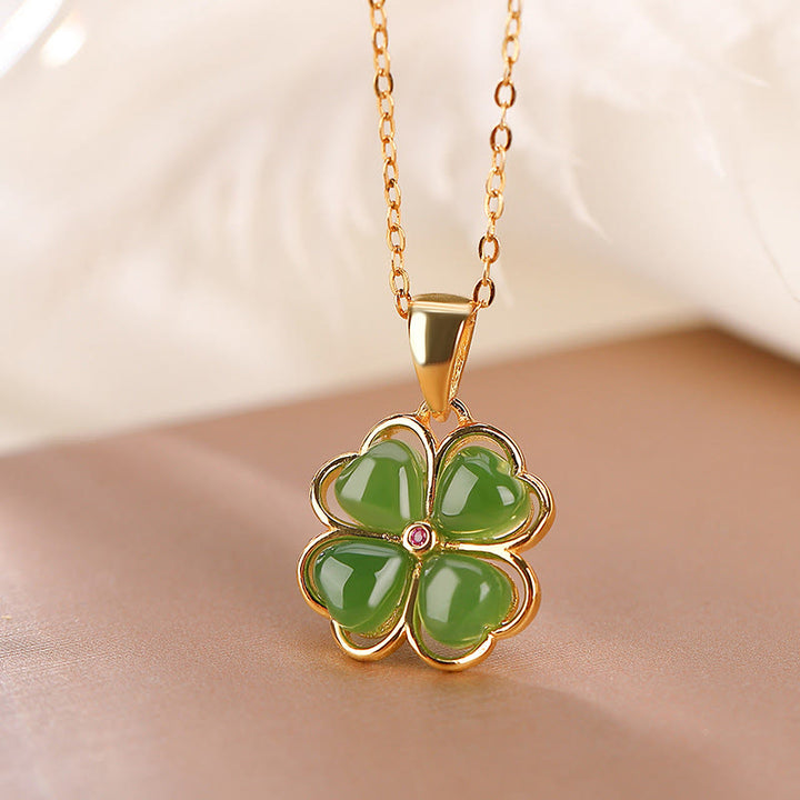 Collana con ciondolo a forma di quadrifoglio fortunato con Buddha Stones in argento sterling 925, giada ciano Hetian, guarigione