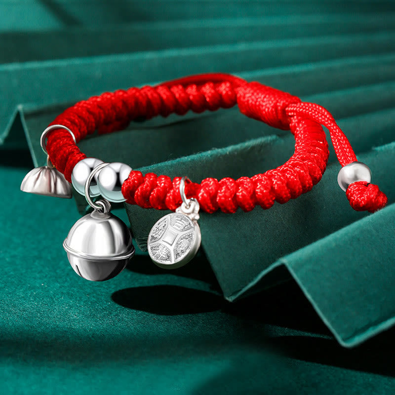 Buddha Stones 925 Sterling Silver Fatto a Mano Fu Carattere Portafortuna Sacchetto di Soldi Cinese Lucchetto Ciondolo Campana Loto Moneta di Rame King Kong Nodo Braccialetto Intrecciato per Bambini