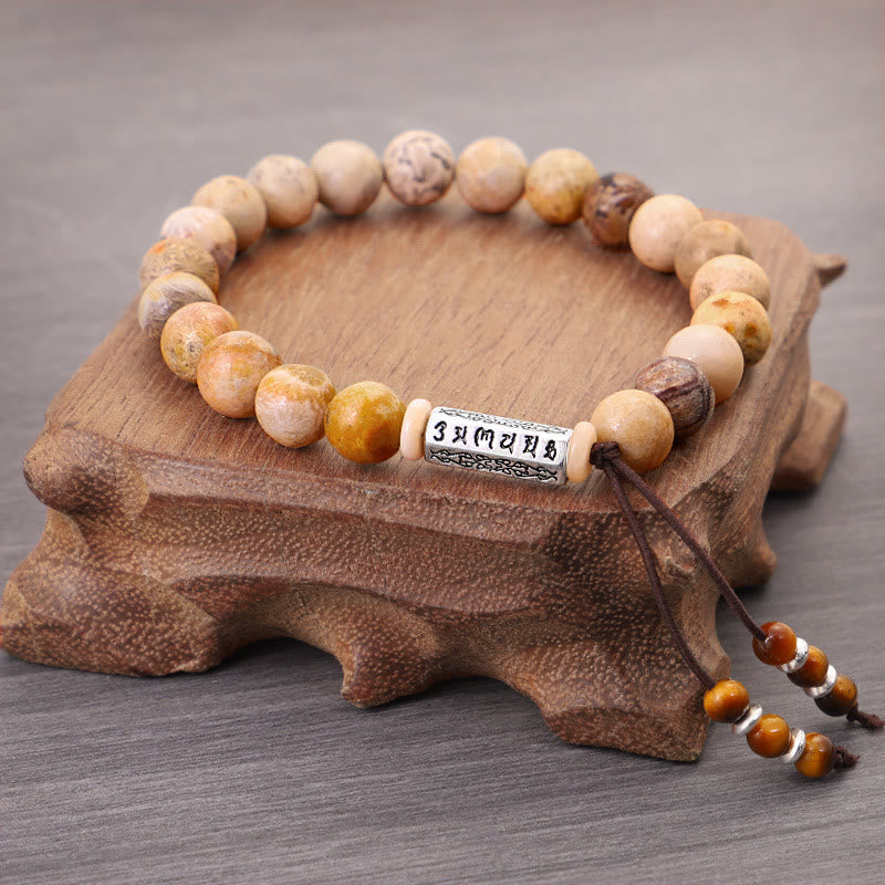Braccialetto rinforzante in pietra invecchiata Om Mani Padme Hum Buddha Stones