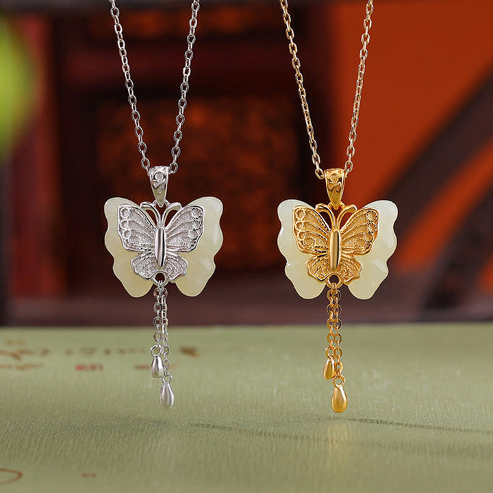 Collana con ciondolo a forma di farfalla in giada bianca Hetian, placcata in argento sterling 925, con Buddha Stones e ciondolo a forma di farfalla in giada bianca Hetian.
