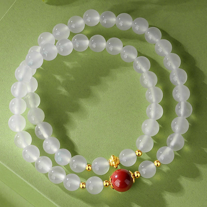 Braccialetto di protezione a doppio giro Buddha Stones in argento sterling 925 con agata bianca naturale e cinabro