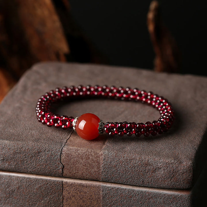 Braccialetto di protezione con perline di agata rossa, cristallo rosa e granato naturale Buddha Stones