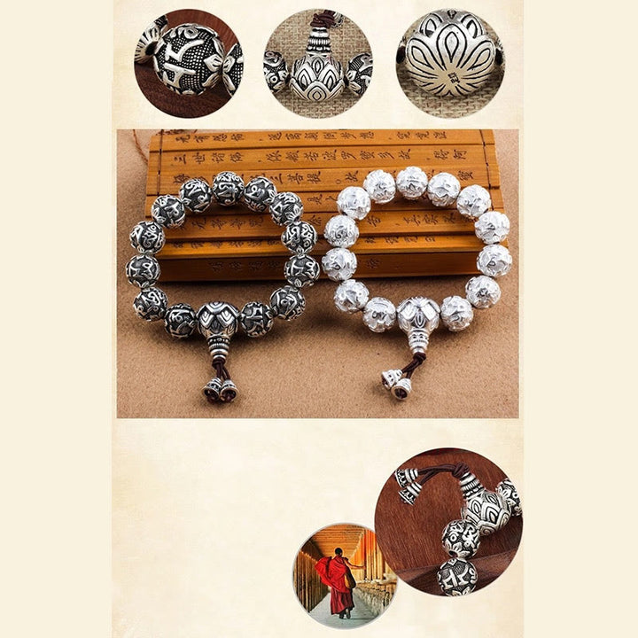 Braccialetto amuleto con perline in lega intagliata , Buddha Stones tibetane Om Mani Padme Hum
