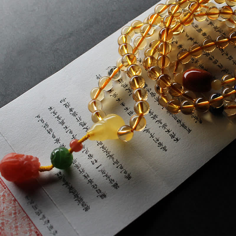 Braccialetto con ciondolo di protezione PiXiu, 108 perle di Mala, ambra citrino naturale, fibbia della pace, agata rossa