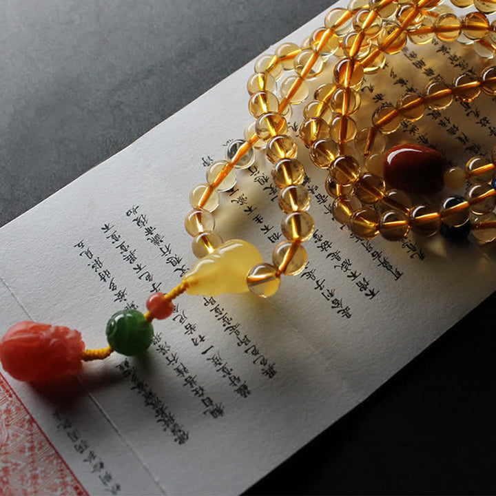Braccialetto con ciondolo di protezione PiXiu, 108 perle di Mala, ambra citrino naturale, fibbia della pace, agata rossa