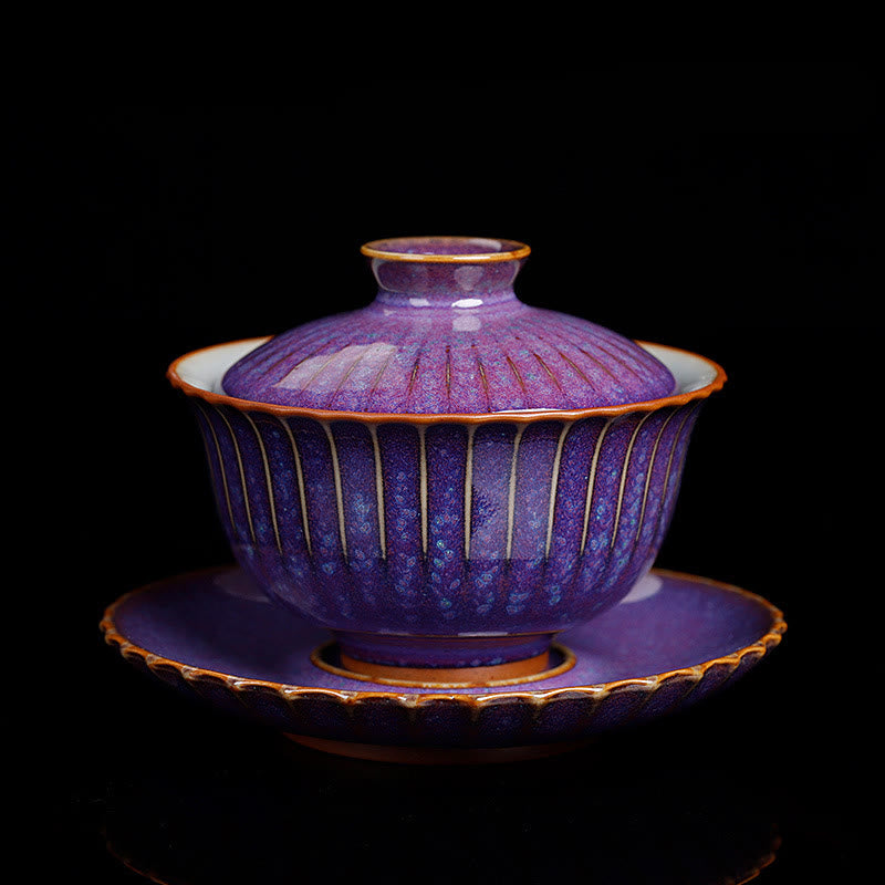 Buddha Stones Retro Glaze Kiln Change Ceramica Gaiwan Sancai Tazza da tè Kung Fu Tazza da tè e piattino con coperchio - Stile viola (colore e smalto possono variare) - 11,5 cm * 8,5 cm * 140 ml - image 0