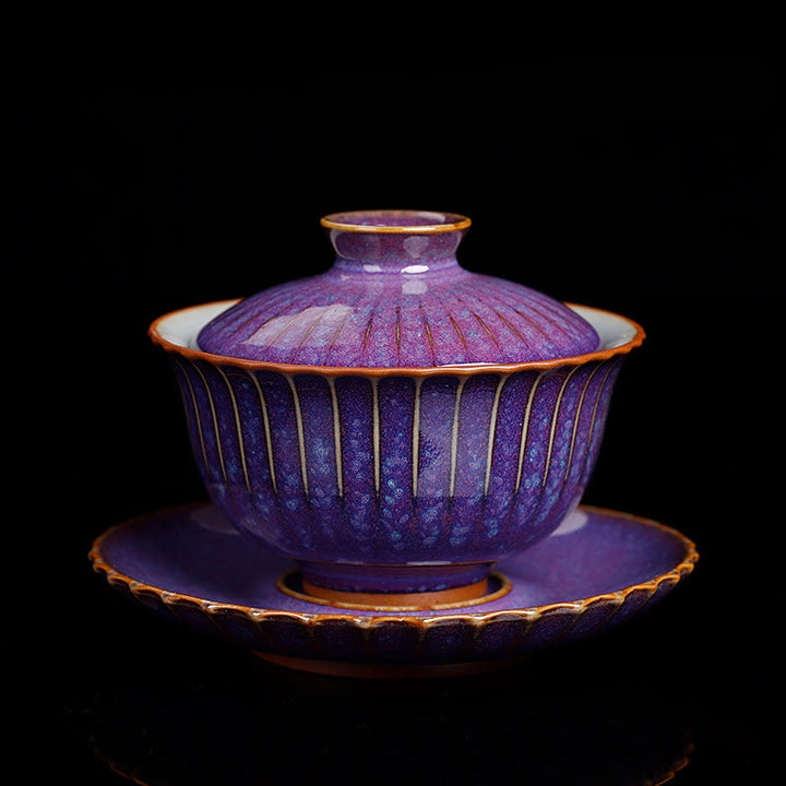 Buddha Stones Retro Glaze Kiln Change Ceramica Gaiwan Sancai Tazza da tè Kung Fu Tazza da tè e piattino con coperchio - Stile viola (colore e smalto possono variare) - 11,5 cm * 8,5 cm * 140 ml - image 0