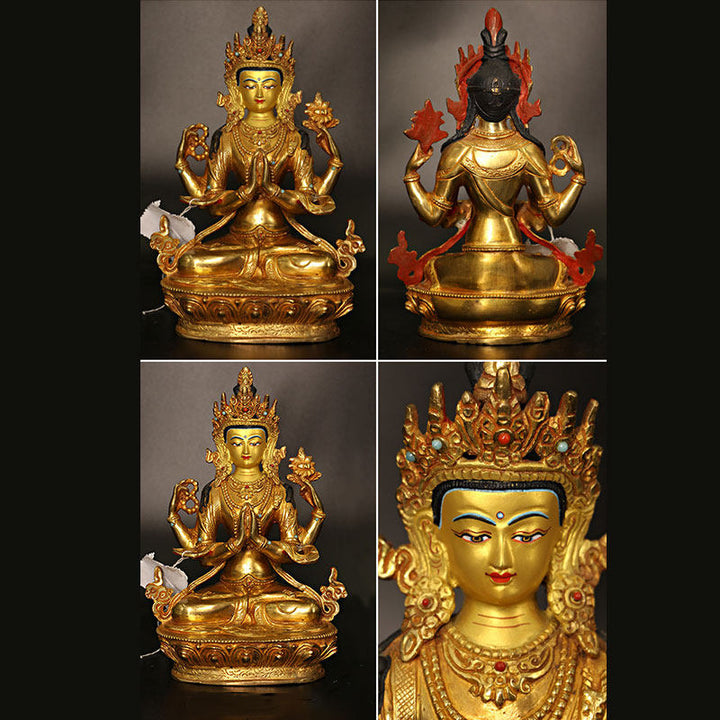 Bodhisattva Tara Chenrezig Avalokitesvara a quattro braccia Protezione Statua placcata in oro e rame Decorazione