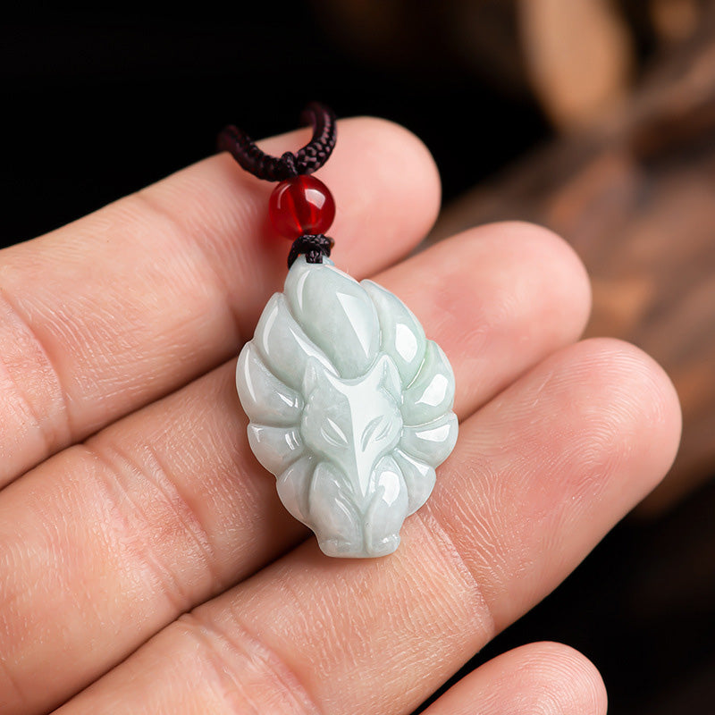 Buddha Stones Collana con ciondolo a forma di volpe a nove code in giada naturale e prosperità