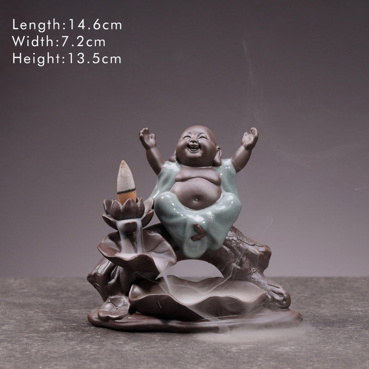 Buddha Stones Piccolo Monaco Ceramica Loto Benedizione Bruciatore Incenso Decorazione