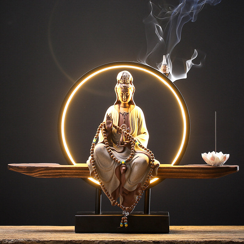 Buddha Stones Buddha Avalokitesvara Ceramica Loto Rilassamento Bruciatore di Incenso Decorazione