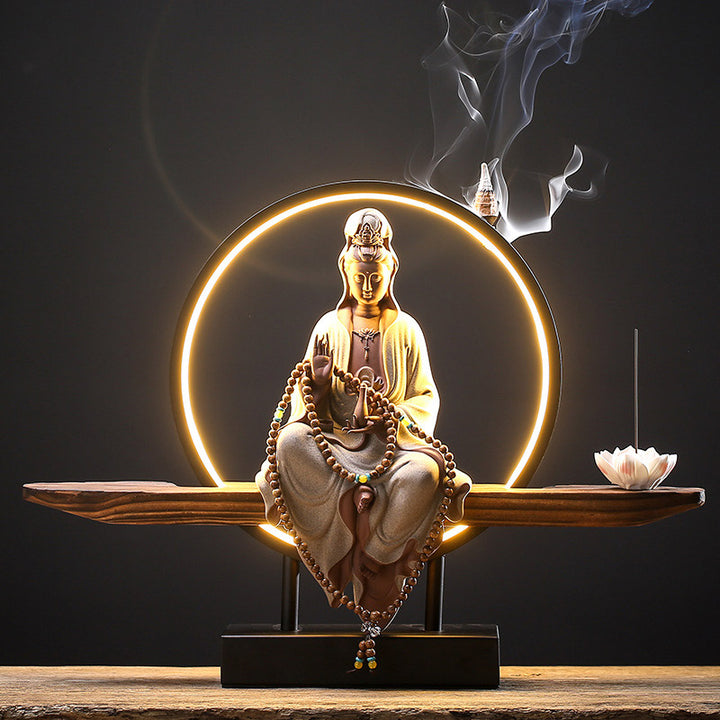 Buddha Stones Buddha Avalokitesvara Ceramica Loto Rilassamento Bruciatore di Incenso Decorazione