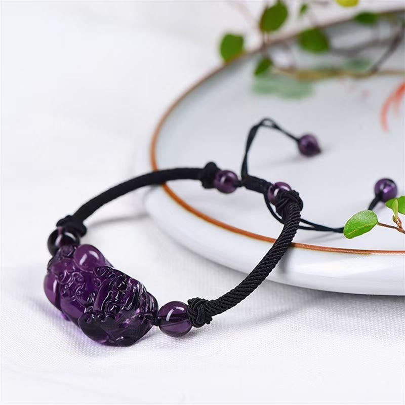 Braccialetto della ricchezza con moneta di PiXiu Cooper in ossidiana naturale, ametista, citrino e Buddha Stones