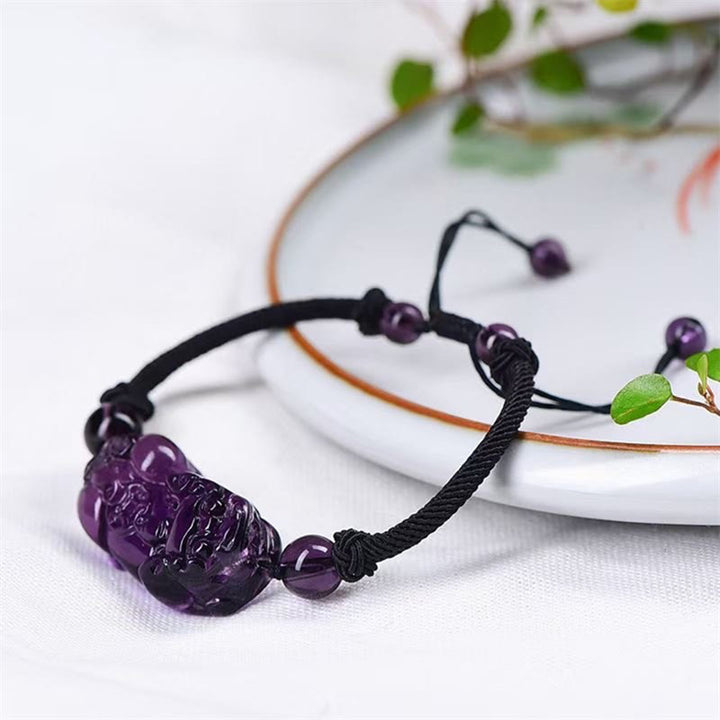 Braccialetto della ricchezza con moneta di PiXiu Cooper in ossidiana naturale, ametista, citrino e Buddha Stones