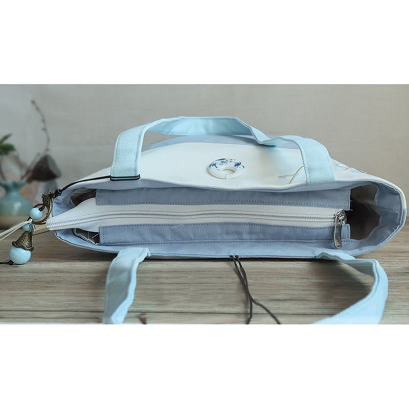 Borsa a tracolla grande capacità in tela con ricamo in bambù, prugna, fiore di pera, pesco