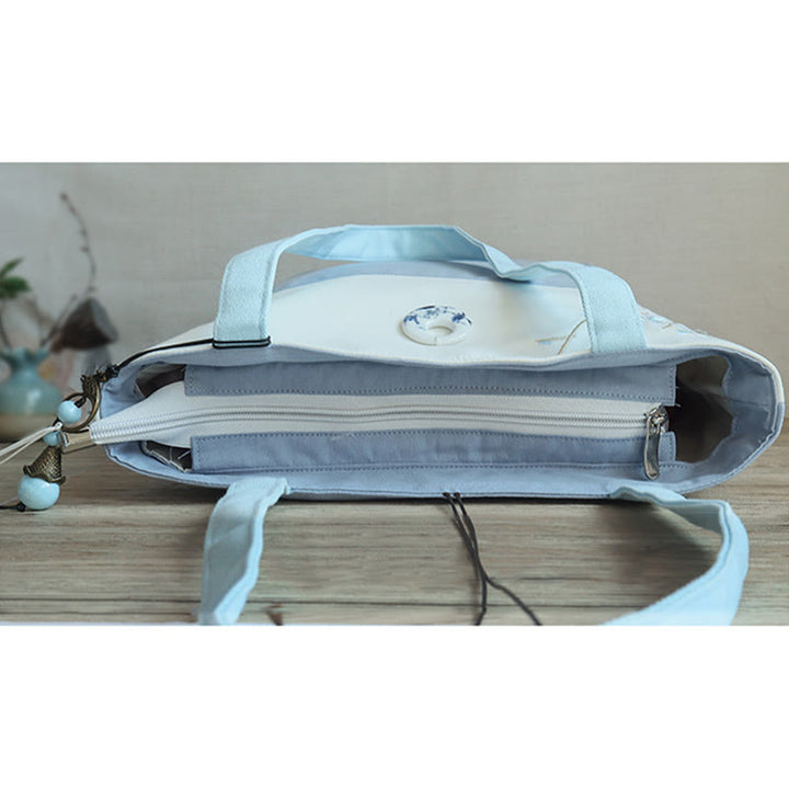 Borsa a tracolla grande capacità in tela con ricamo in bambù, prugna, fiore di pera, pesco