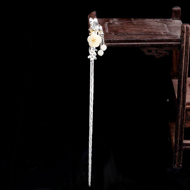 Forcina per capelli con fiore di giada bianca Hetian in argento sterling 925
