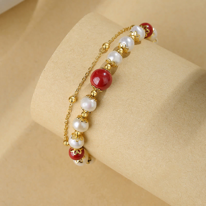 Bracciale a catena a doppio strato con perle di cinabro e argento sterling 925 Buddha Stones