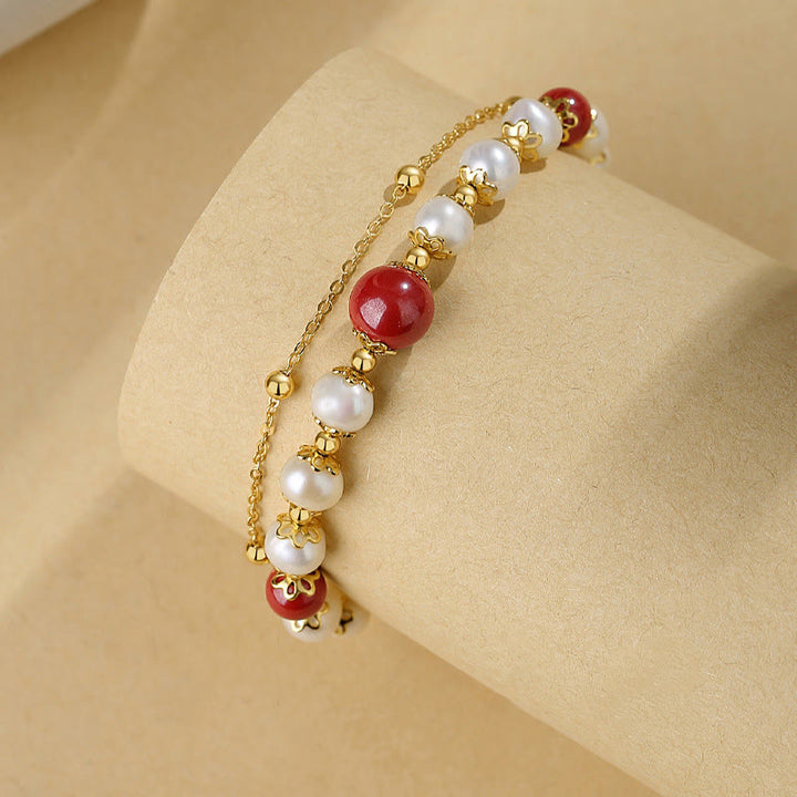 Bracciale a catena a doppio strato con perle di cinabro e argento sterling 925 Buddha Stones