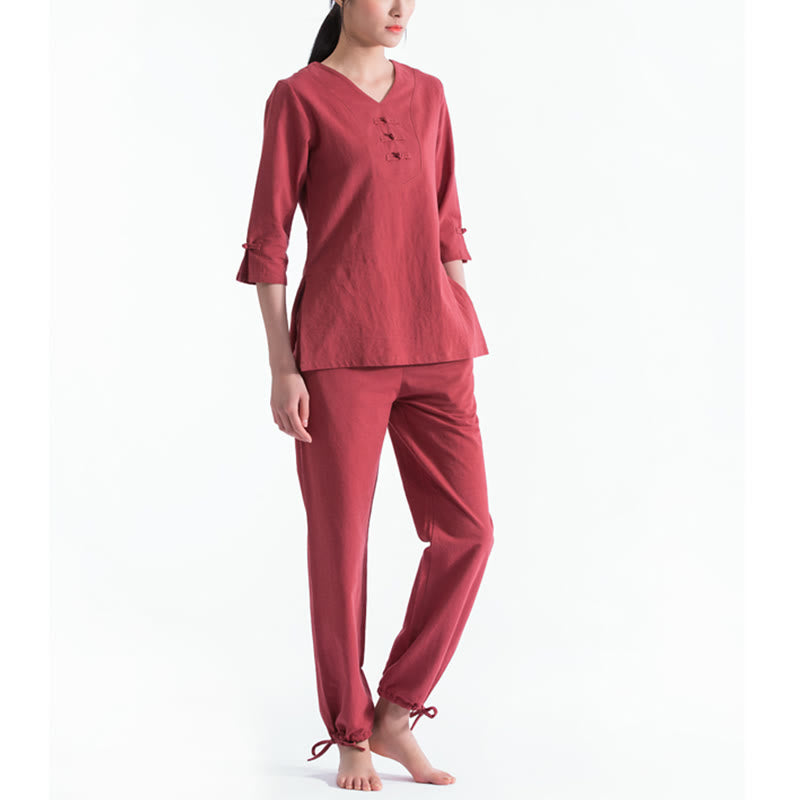 Buddha Stones Yoga Meditazione Preghiera Scollo a V Design Cotone Lino Abbigliamento Uniforme Zen Pratica Set da Donna - Rosso - US8-10, UK/AU12-14, EU40-42 (2XL) - image 12