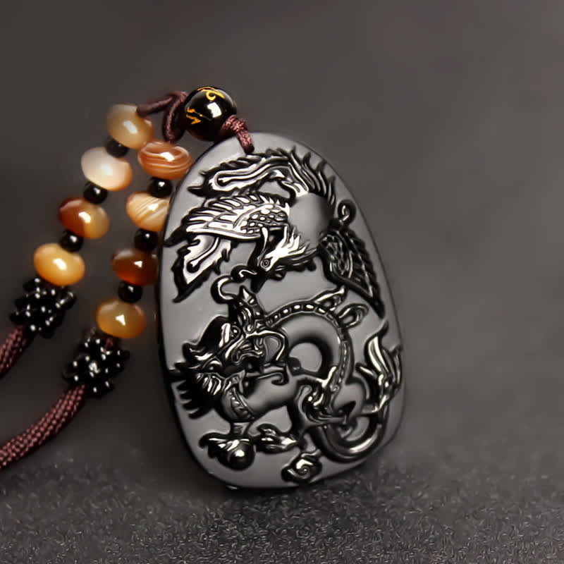 Collana con ciondolo di perline di protezione in ossidiana nera con occhio di tigre, drago e fenice - image 2