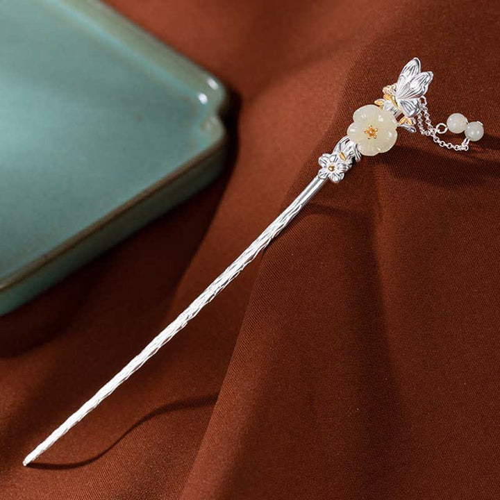 Forcina per capelli con fiore di giada bianca Hetian in argento sterling 925