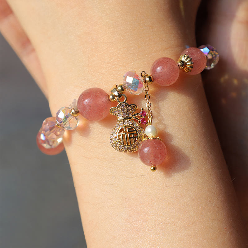 Braccialetto positivo con ciondolo a forma di sacchetto di denaro in cristallo di quarzo fragola naturale Buddha Stones