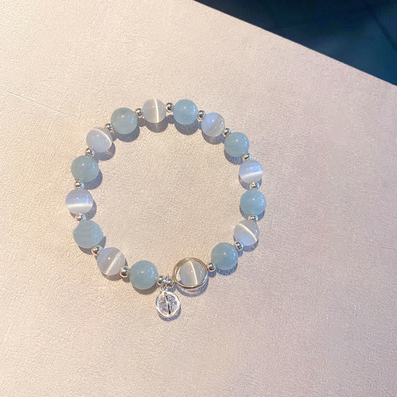 Braccialetto con ciondolo di supporto in argento sterling 925 con occhio di gatto e acquamarina Buddha Stones