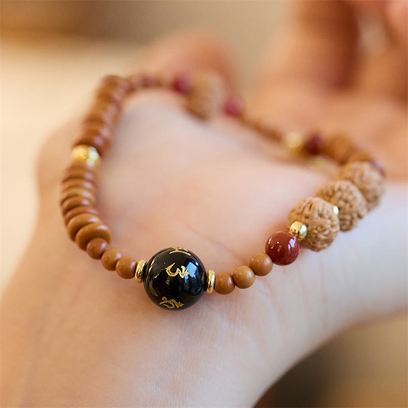 Buddha Stones Semi di Bodhi Tibetano Onice Nero Quarzo Fumé Om Mani Padme Hum Fu Carattere Bracciale Ricchezza
