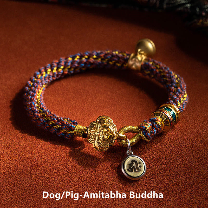 Buddha Stones con corda intrecciata in argento sterling 925 con ciondolo a forma di campana della fortuna, simbolo dello zodiaco cinese, Buddha natale Om Mani Padme Hum