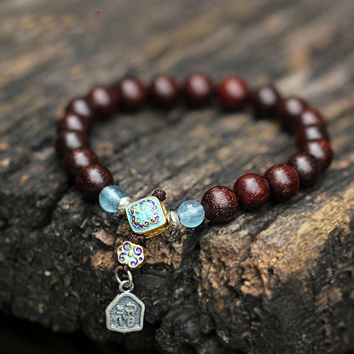 Bracciale Buddha Stones 925 Sterling Silver Indiano Piccola Foglia Sandalo Rosso Acquamarina Pieno di Stella d'Oro Cinese Nodo Benedizione Bracciale