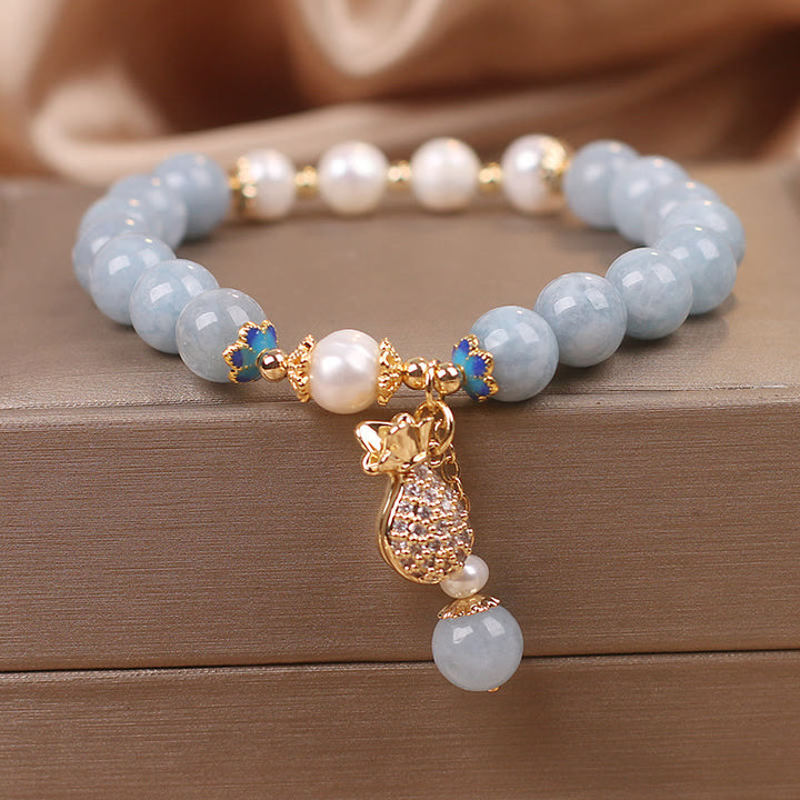 Braccialetto con ciondolo Buddha Stones Aquamarine Pearl Fortune Money Bag